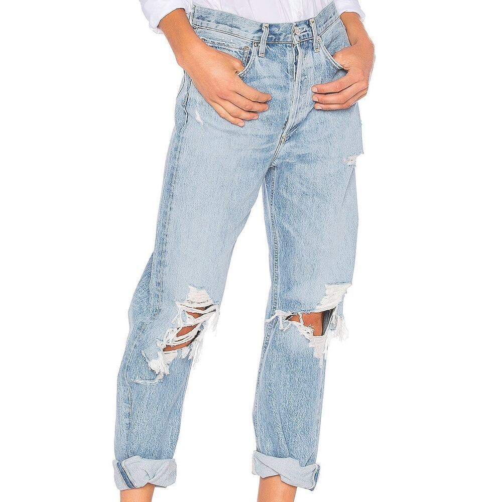 Agolde 90's Mid-Rise Fall Out Loose Fit Distressed Straight High Rise Denim Jean